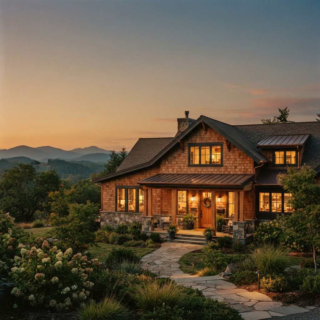 A warm craftsman home glowing at golden hour with soft mountains beyond
